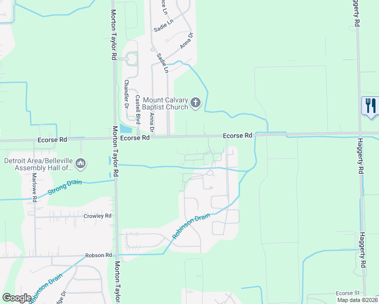 map of restaurants, bars, coffee shops, grocery stores, and more near 42770 Patty Lane in Van Buren Charter Township