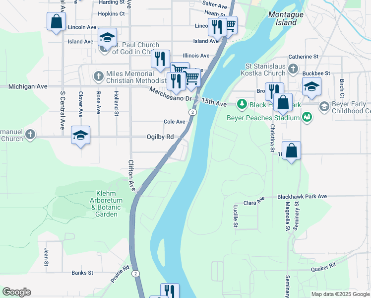 map of restaurants, bars, coffee shops, grocery stores, and more near 2429 River Oaks Lane in Rockford
