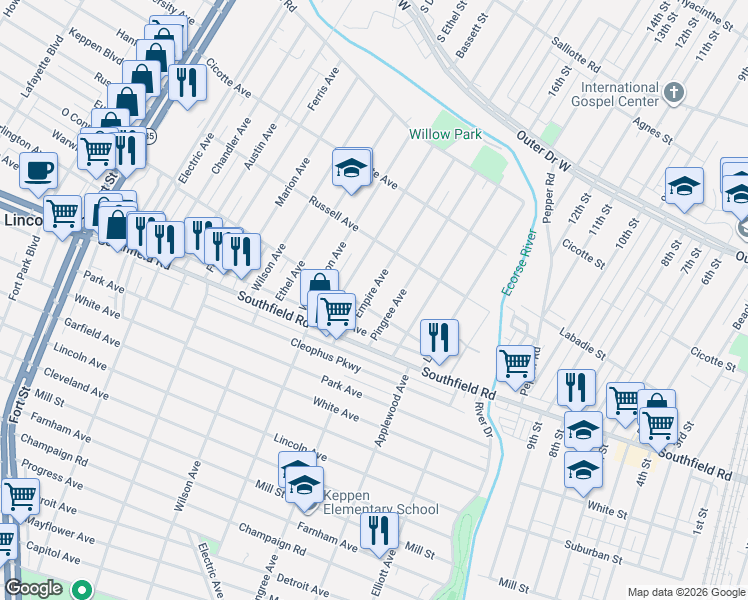 map of restaurants, bars, coffee shops, grocery stores, and more near 1606 Pingree Avenue in Lincoln Park