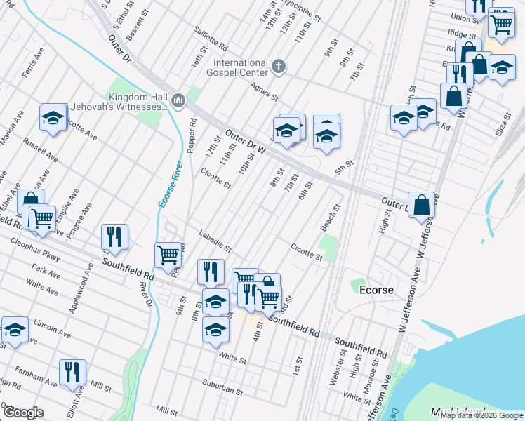 map of restaurants, bars, coffee shops, grocery stores, and more near 4293 8th Street in Ecorse