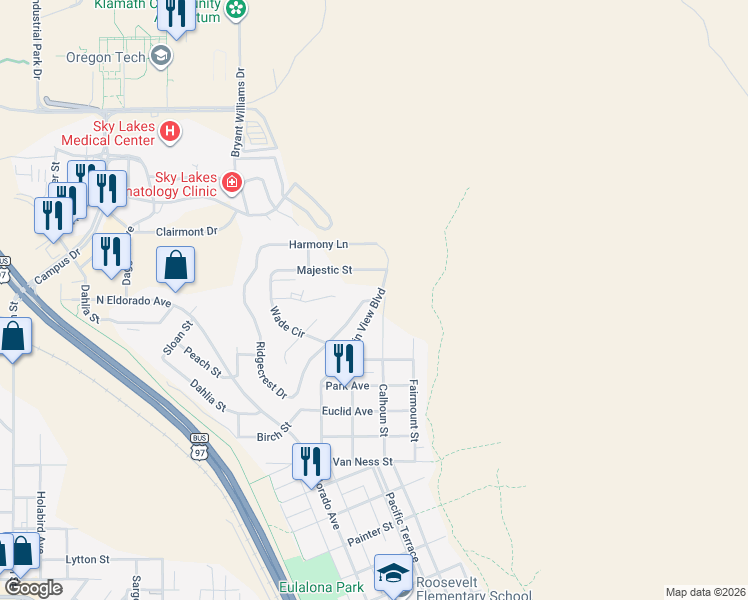 map of restaurants, bars, coffee shops, grocery stores, and more near 335 Mountain View Boulevard in Klamath Falls