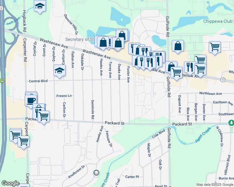 map of restaurants, bars, coffee shops, grocery stores, and more near 2747 Torrey Avenue in Ann Arbor