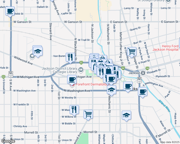 map of restaurants, bars, coffee shops, grocery stores, and more near 120 North Jackson Street in Jackson
