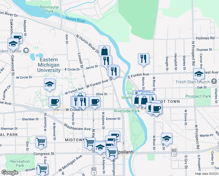 map of restaurants, bars, coffee shops, grocery stores, and more near 430 North Washington Street in Ypsilanti