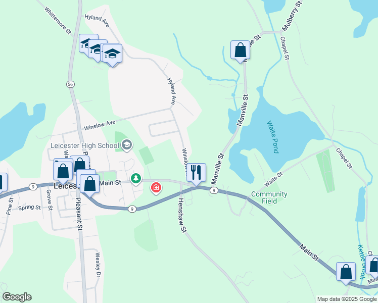 map of restaurants, bars, coffee shops, grocery stores, and more near 14 Winslow Avenue in Leicester