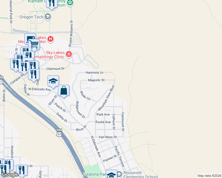 map of restaurants, bars, coffee shops, grocery stores, and more near 335 Mountain View Boulevard in Klamath Falls