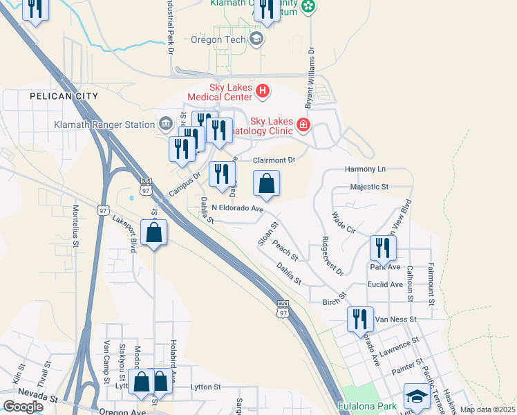 map of restaurants, bars, coffee shops, grocery stores, and more near 2130 North Eldorado Avenue in Klamath Falls