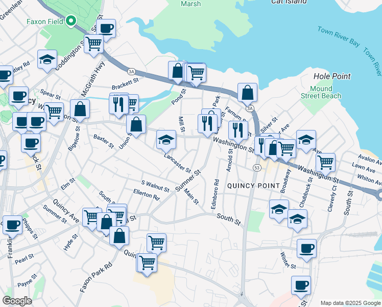 map of restaurants, bars, coffee shops, grocery stores, and more near 96 Lancaster Street in Quincy