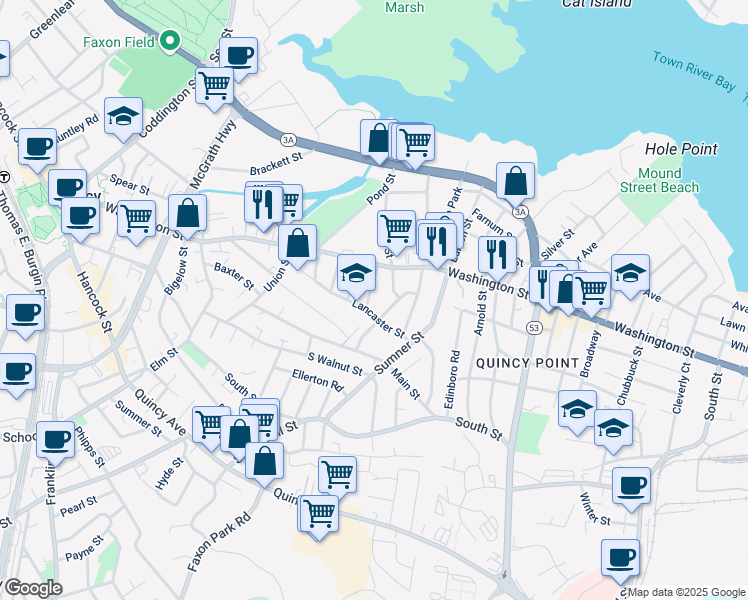 map of restaurants, bars, coffee shops, grocery stores, and more near 96 Lancaster Street in Quincy