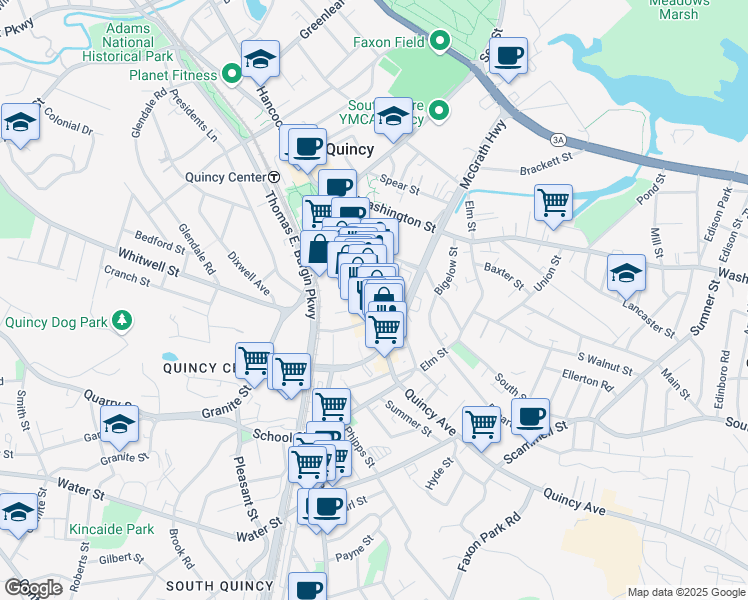 map of restaurants, bars, coffee shops, grocery stores, and more near 1548 Hancock Street in Quincy