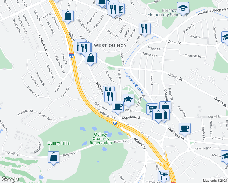 map of restaurants, bars, coffee shops, grocery stores, and more near 258 Willard Street in Quincy