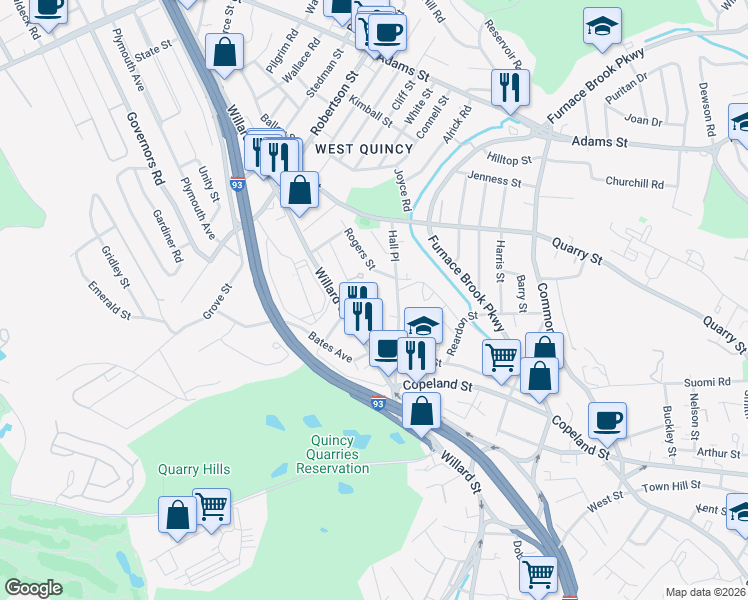 map of restaurants, bars, coffee shops, grocery stores, and more near 258 Willard Street in Quincy