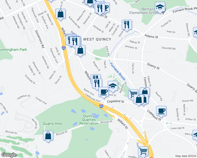 map of restaurants, bars, coffee shops, grocery stores, and more near 258 Willard Street in Quincy