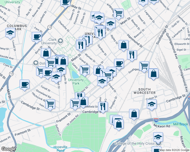 map of restaurants, bars, coffee shops, grocery stores, and more near 25 Illinois Street in Worcester