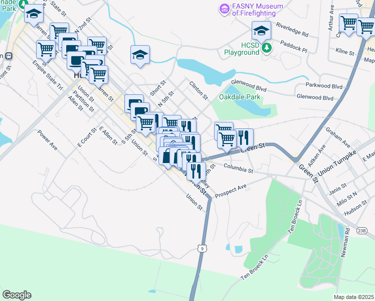 map of restaurants, bars, coffee shops, grocery stores, and more near 721 Columbia Street in Hudson