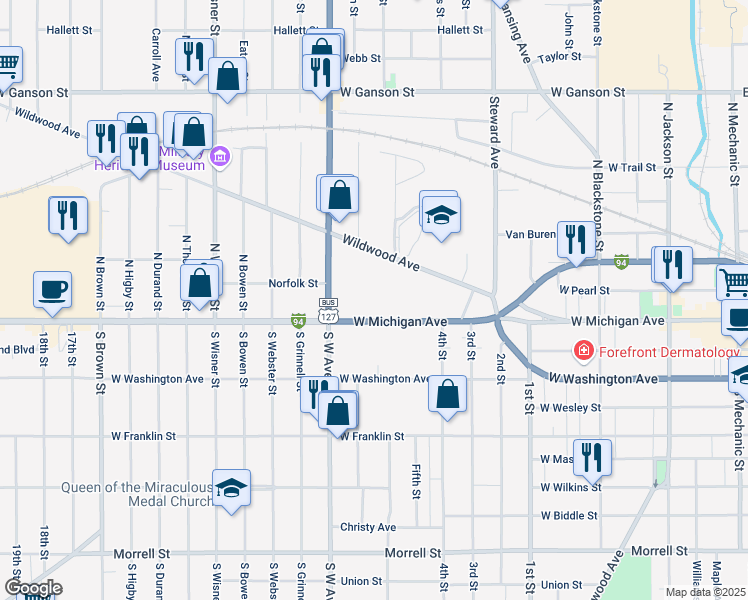 map of restaurants, bars, coffee shops, grocery stores, and more near 744 West Michigan Avenue in Jackson