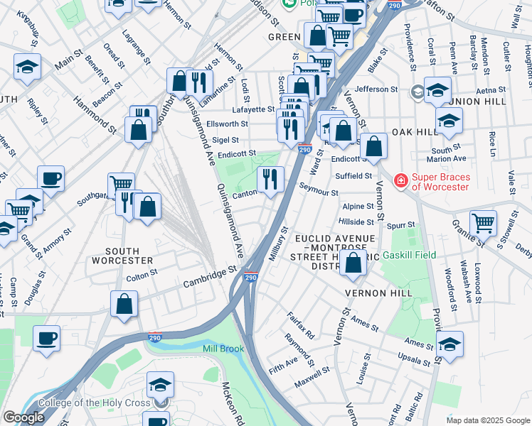 map of restaurants, bars, coffee shops, grocery stores, and more near 342 Millbury Street in Worcester