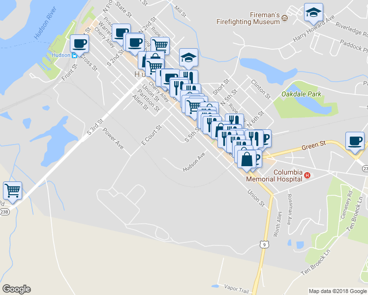 map of restaurants, bars, coffee shops, grocery stores, and more near 461 East Allen Street in Hudson