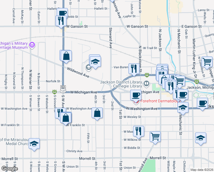 map of restaurants, bars, coffee shops, grocery stores, and more near 505 Wildwood Avenue in Jackson