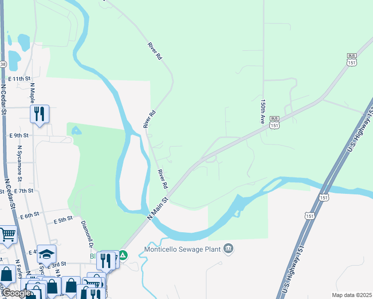 map of restaurants, bars, coffee shops, grocery stores, and more near 15260-15298 Hollywood Rd in Monticello