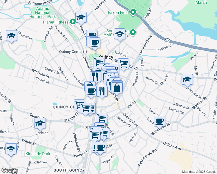 map of restaurants, bars, coffee shops, grocery stores, and more near 86 Parkingway in Quincy