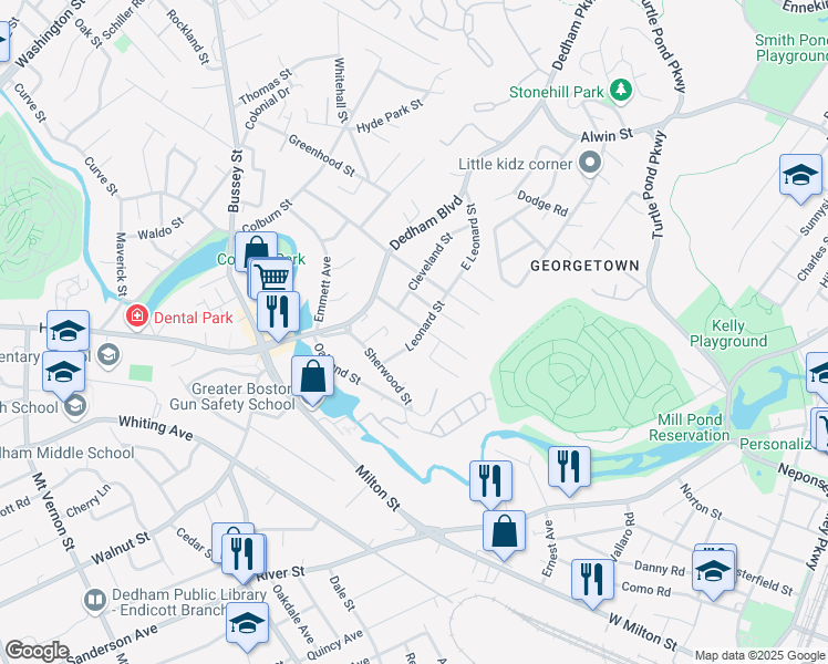 map of restaurants, bars, coffee shops, grocery stores, and more near 73 Leonard Street in Dedham