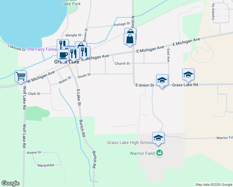 map of restaurants, bars, coffee shops, grocery stores, and more near 501 South Street in Grass Lake