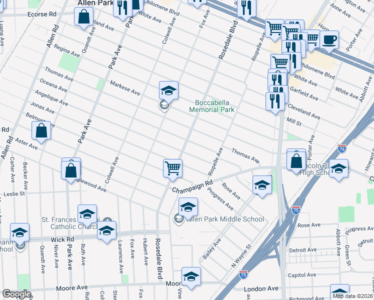 map of restaurants, bars, coffee shops, grocery stores, and more near 7829 Rosedale Boulevard in Allen Park