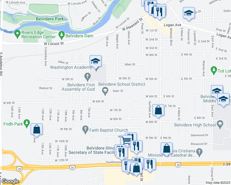 map of restaurants, bars, coffee shops, grocery stores, and more near 1205 Maple Avenue in Belvidere