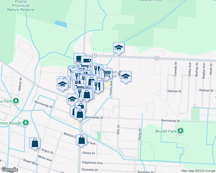 map of restaurants, bars, coffee shops, grocery stores, and more near 5844 Delmar Street in Windsor
