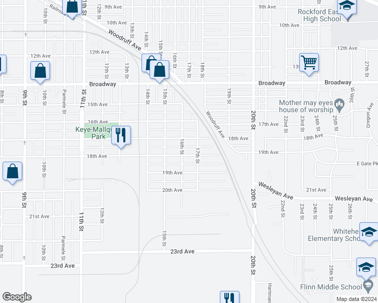 map of restaurants, bars, coffee shops, grocery stores, and more near 2112 18th Avenue in Rockford