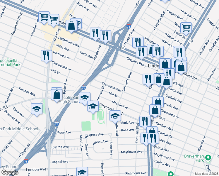 map of restaurants, bars, coffee shops, grocery stores, and more near 1536 Mill Street in Lincoln Park