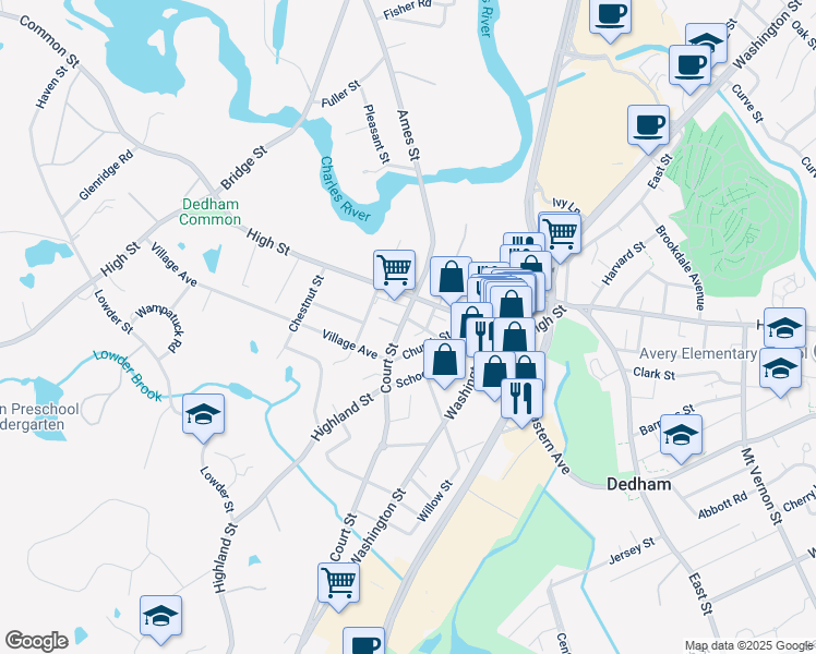 map of restaurants, bars, coffee shops, grocery stores, and more near 55 Church Street in Dedham