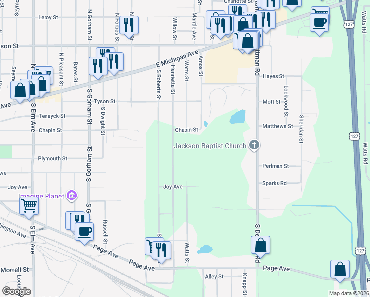 map of restaurants, bars, coffee shops, grocery stores, and more near 2722 Joy Avenue in Jackson