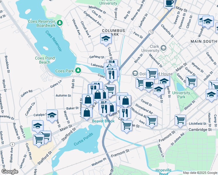 map of restaurants, bars, coffee shops, grocery stores, and more near 50 Mill Street in Worcester