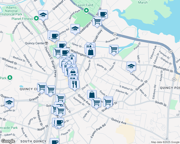 map of restaurants, bars, coffee shops, grocery stores, and more near 49 Miller Stile Road in Quincy
