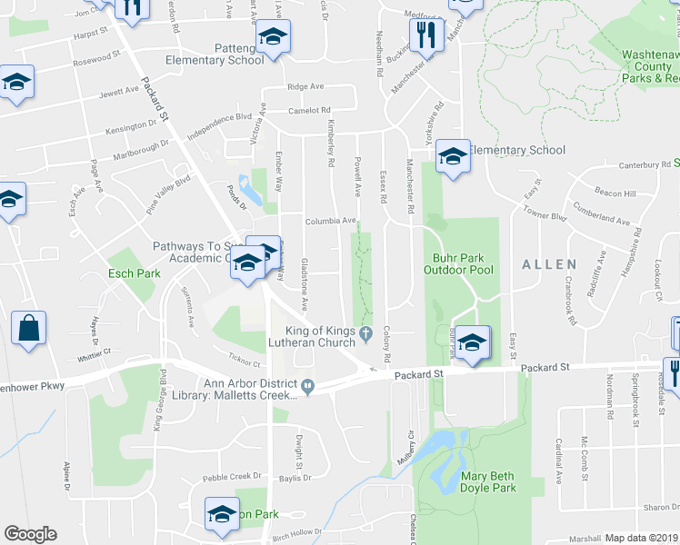 map of restaurants, bars, coffee shops, grocery stores, and more near 2798 Kimberley Road in Ann Arbor