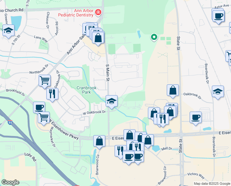 map of restaurants, bars, coffee shops, grocery stores, and more near 181 Harbor Way in Ann Arbor
