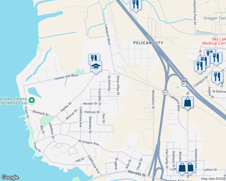 map of restaurants, bars, coffee shops, grocery stores, and more near 302 McCourt Street in Klamath Falls