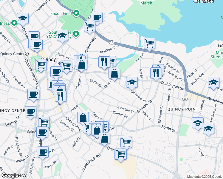 map of restaurants, bars, coffee shops, grocery stores, and more near 34 Main Street in Quincy