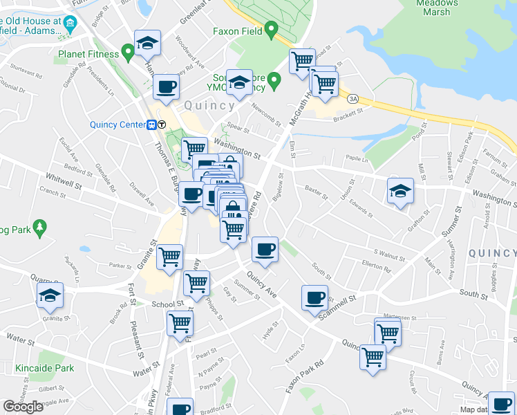 map of restaurants, bars, coffee shops, grocery stores, and more near 35 Revere Road in Quincy
