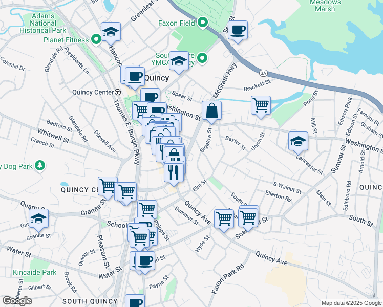 map of restaurants, bars, coffee shops, grocery stores, and more near 35 Revere Road in Quincy