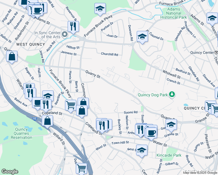 map of restaurants, bars, coffee shops, grocery stores, and more near 254 Quarry Street in Quincy
