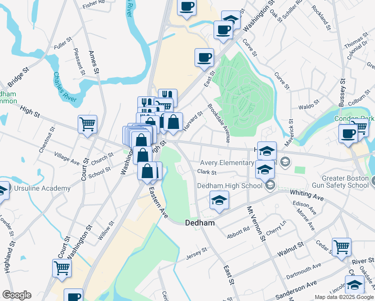 map of restaurants, bars, coffee shops, grocery stores, and more near 357 East Street in Dedham