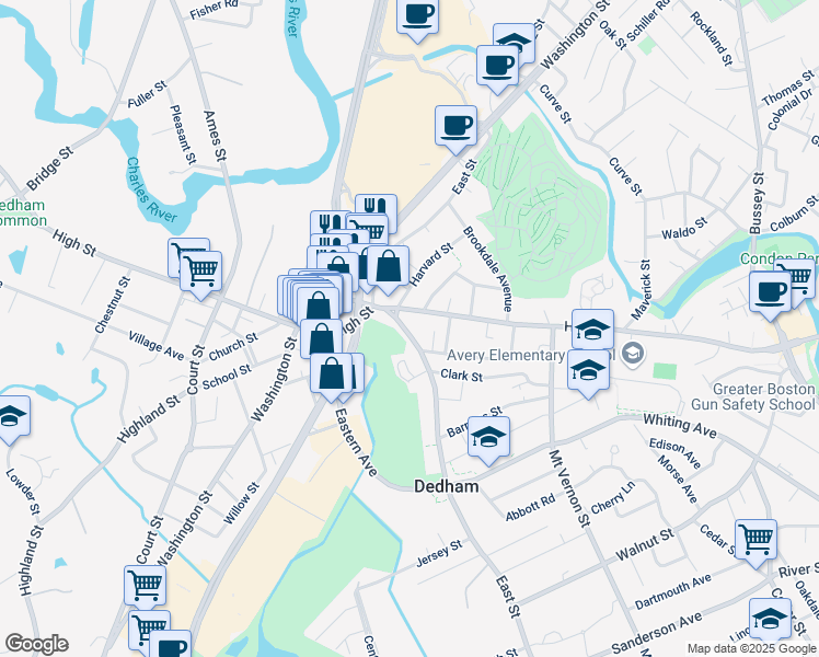 map of restaurants, bars, coffee shops, grocery stores, and more near 357 East Street in Dedham