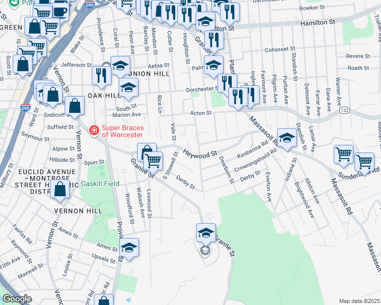map of restaurants, bars, coffee shops, grocery stores, and more near 19 Kenberma Road in Worcester