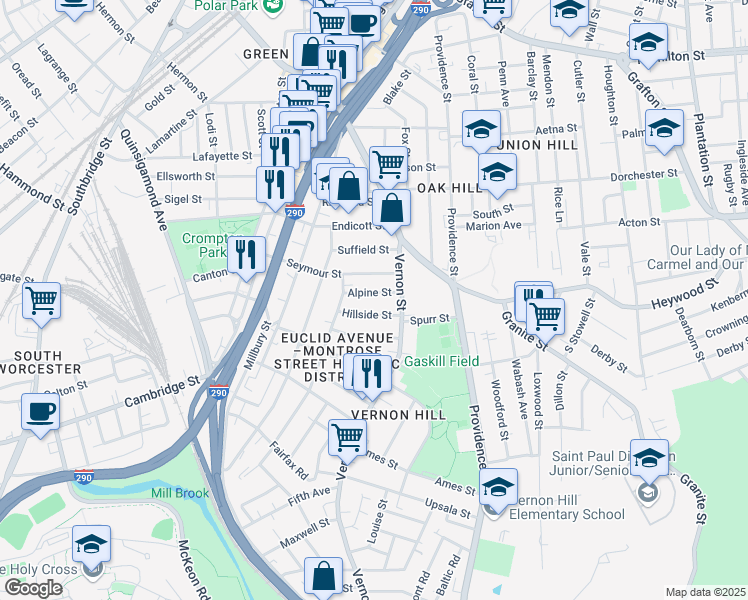 map of restaurants, bars, coffee shops, grocery stores, and more near 8A Hillside Street in Worcester