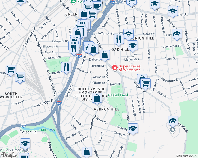 map of restaurants, bars, coffee shops, grocery stores, and more near 8A Hillside Street in Worcester