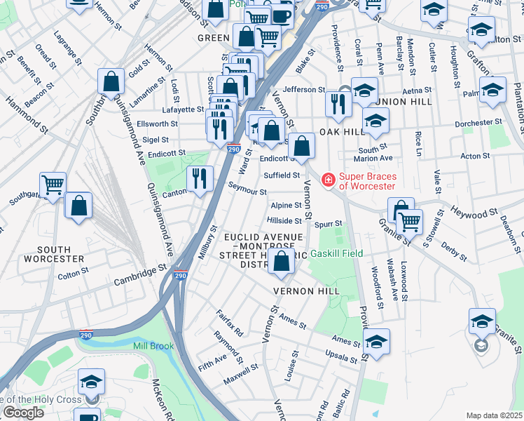 map of restaurants, bars, coffee shops, grocery stores, and more near 35 Sterling Street in Worcester