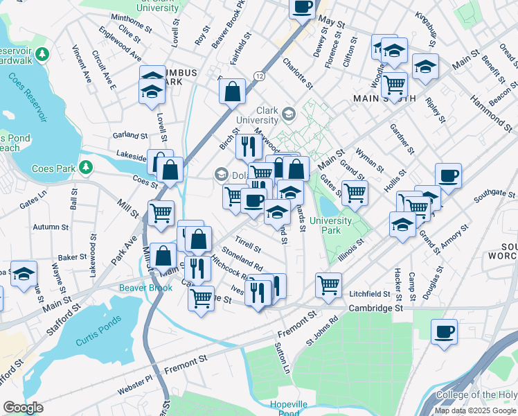 map of restaurants, bars, coffee shops, grocery stores, and more near 7 Freeland Terrace in Worcester